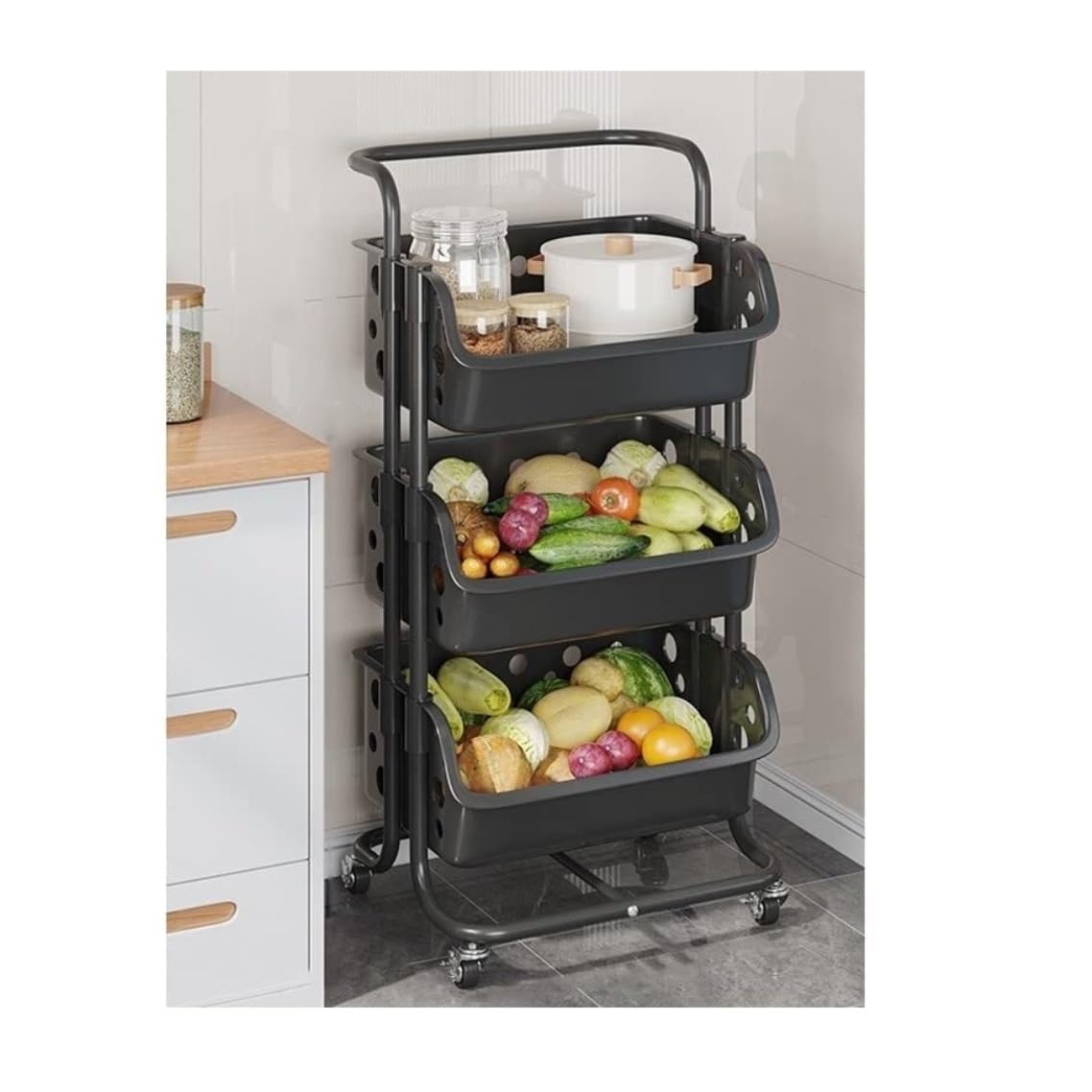 Carrito Auxiliar Carrito De Almacenamiento Cocina 3 Niveles, Móvil, Cesta para Frutas Y Verduras, Estante para El Hogar, con Ruedas Estante de Cocina(Black)