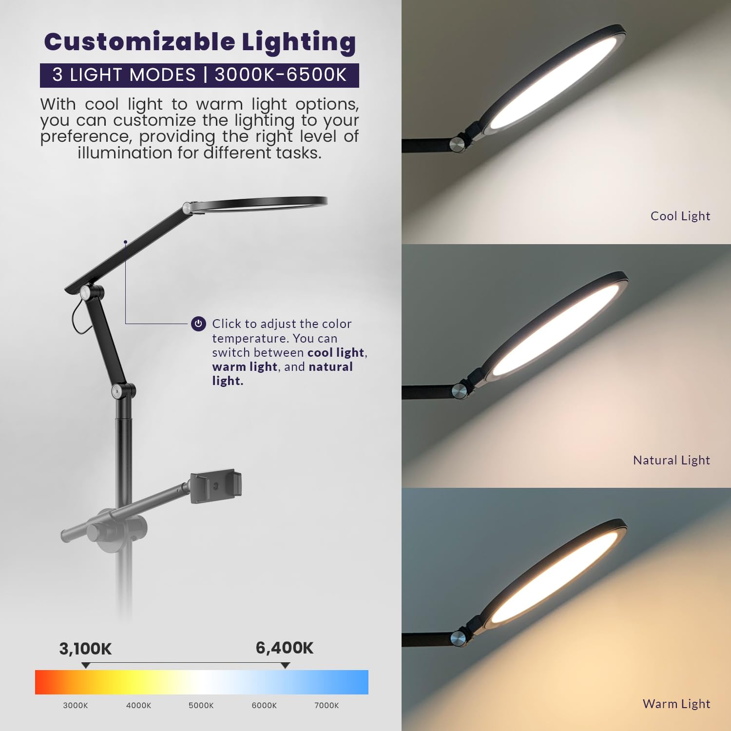 Neatfi LED-Tischlampe/Schreibtischlampe, Dimmbar mit 5 Helligkeitsstufen, 10W, USB-/Plug-betrieben (Mit Handyhalterung und Standfuß, Schwarz)