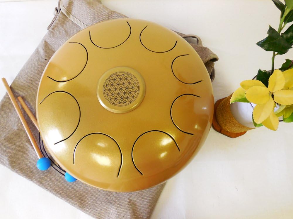 WuYou Extra Large Steel Tongue Drum, Handpan, Tank Drums with Flower of Life, FREE Bag & 2 sticks, 14inch, 8 notes Great for Meditation Healing sound (Gold)