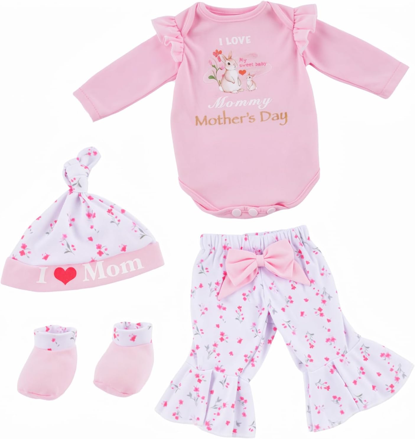 BABESIDE 5 Pcs Reborn Baby Doll Clothes for 17–22 Inch Reborn Babys Dolls, Floral Bunny Design Outfit with Romper, Pants, Hat & Socks, Reborn Baby Doll Accessories Play