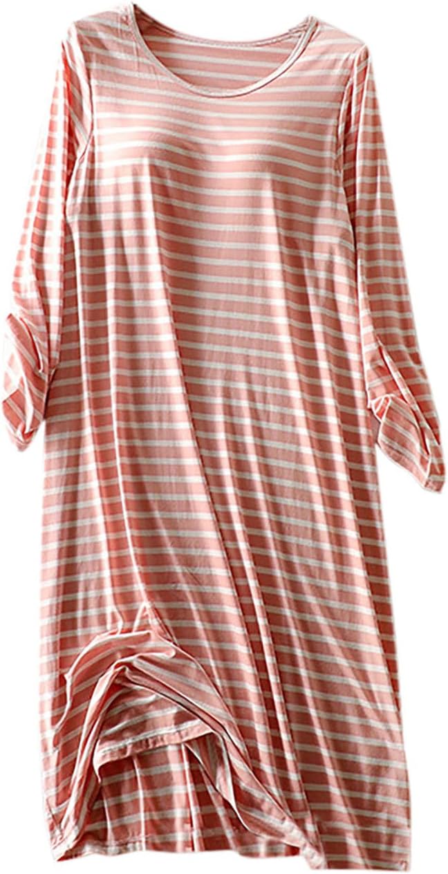 Women 3/4 Sleeve Nightgown Soft Striped Sleep Shirts Loose Fit Sleep Tee House Dress Comfy Nightshirt Sleepwear