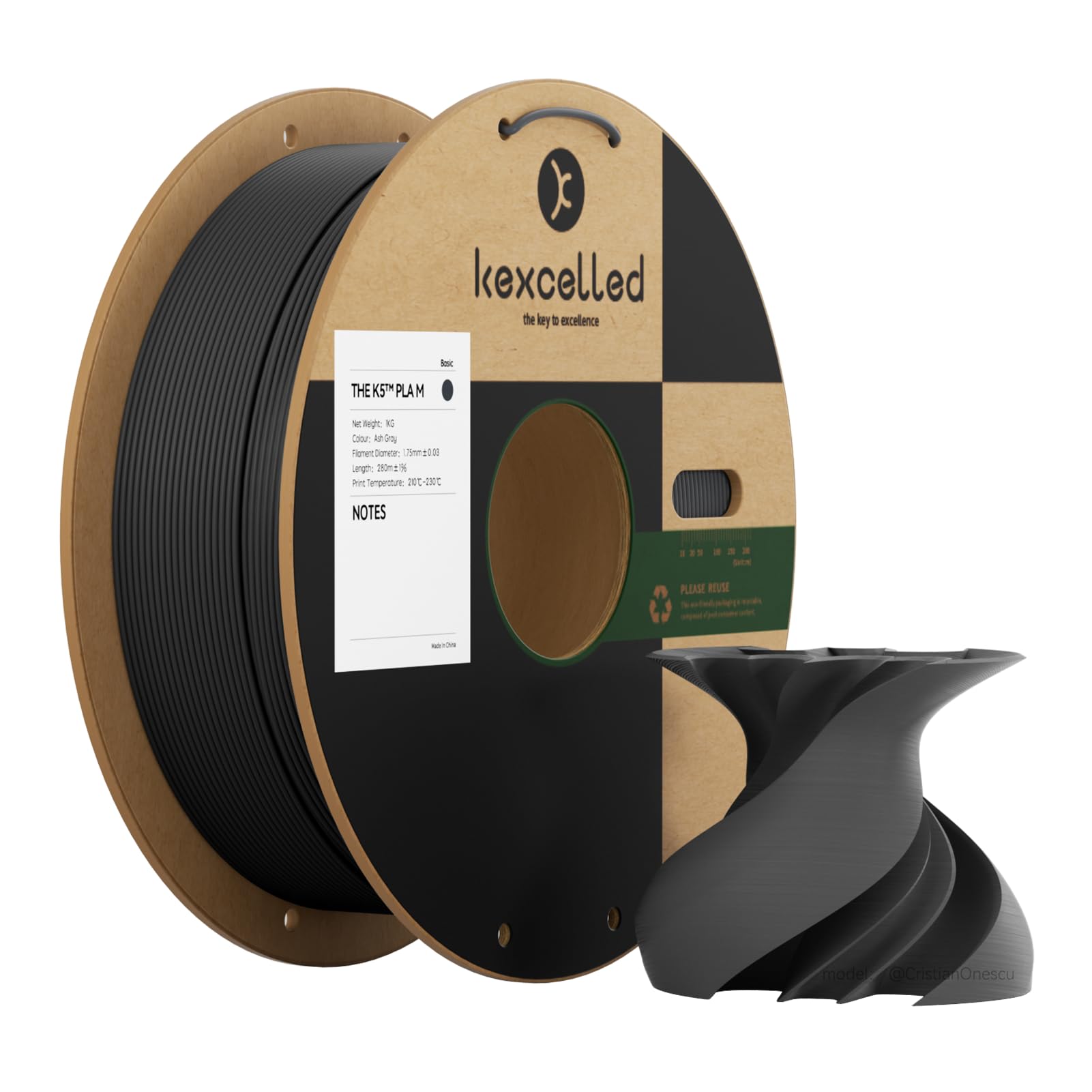 kexcelled PLA Mat Filamento per Stampante 3D 1,75 mm +/- 0,03 mm, Texture di Colore Matta, Adatto a Moltissime Stampanti FDM, Bobina da 1 kg (2,2 lbs), Grigio Fumo