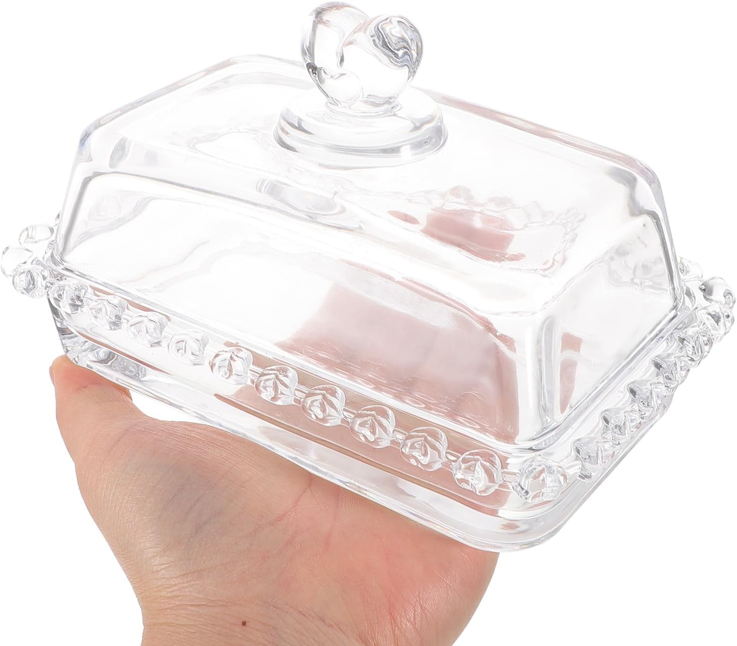 Glass Butter Dish with Lid Pearl-edge Butter Plate and Cheese Holder Dustproof for Kitchen Countertop and Dining Table Use