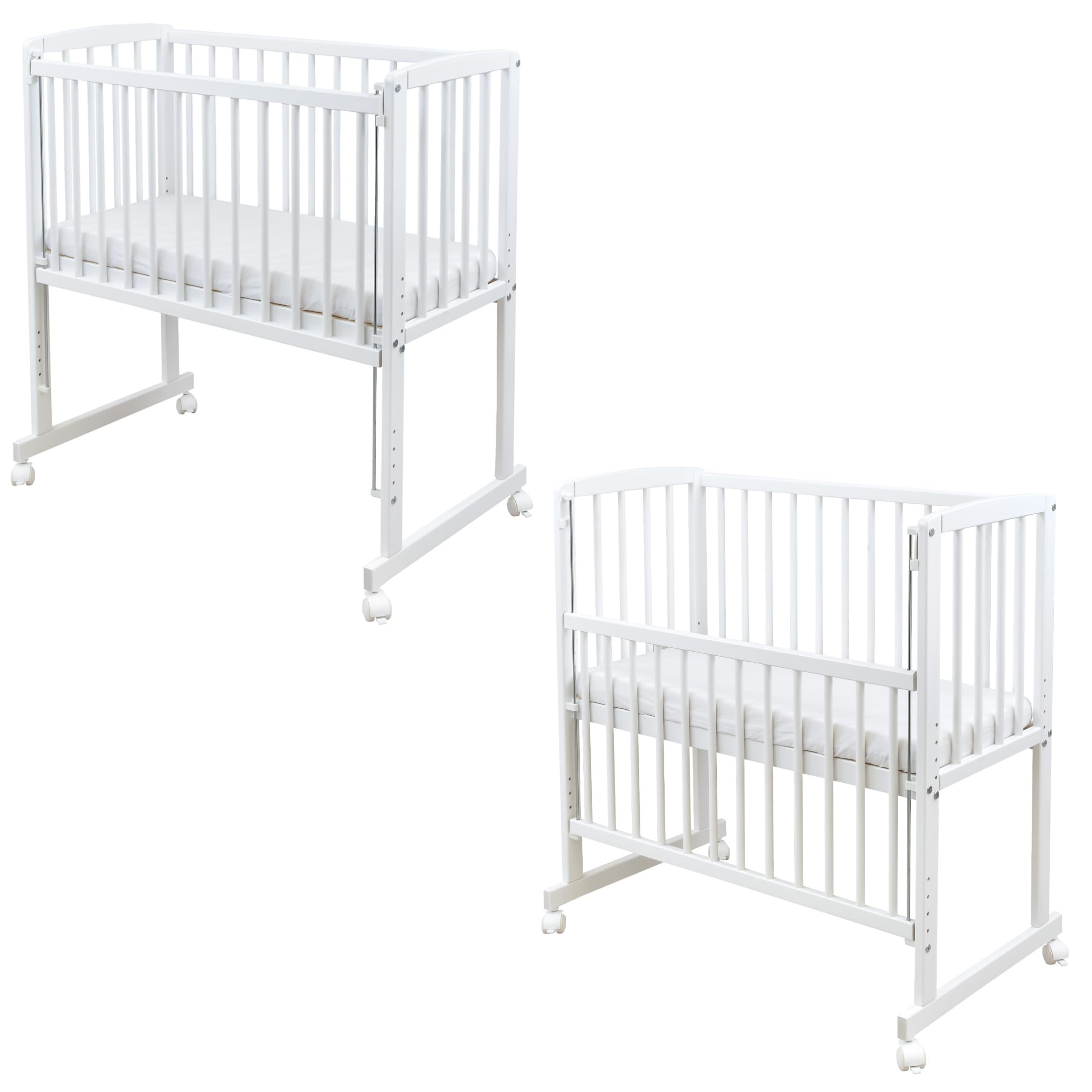 Baby Beistellbett weiß 90x40 cm höhenverstellbar mit Rädern und Matratze inkl. Kuscheltier Teddy