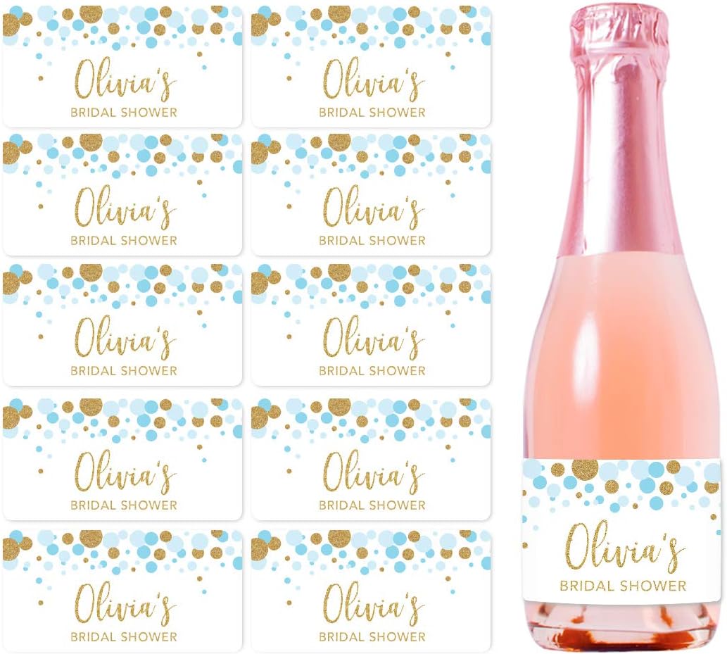 Andaz Press Personalized Mini Champagne Wine Bottle Labels, Olivia's Bridal Shower, Date, Baby Blue Faux Gold Glitter Confetti Dots, 20-Pack, Custom Party Favor Gift Label Stickers
