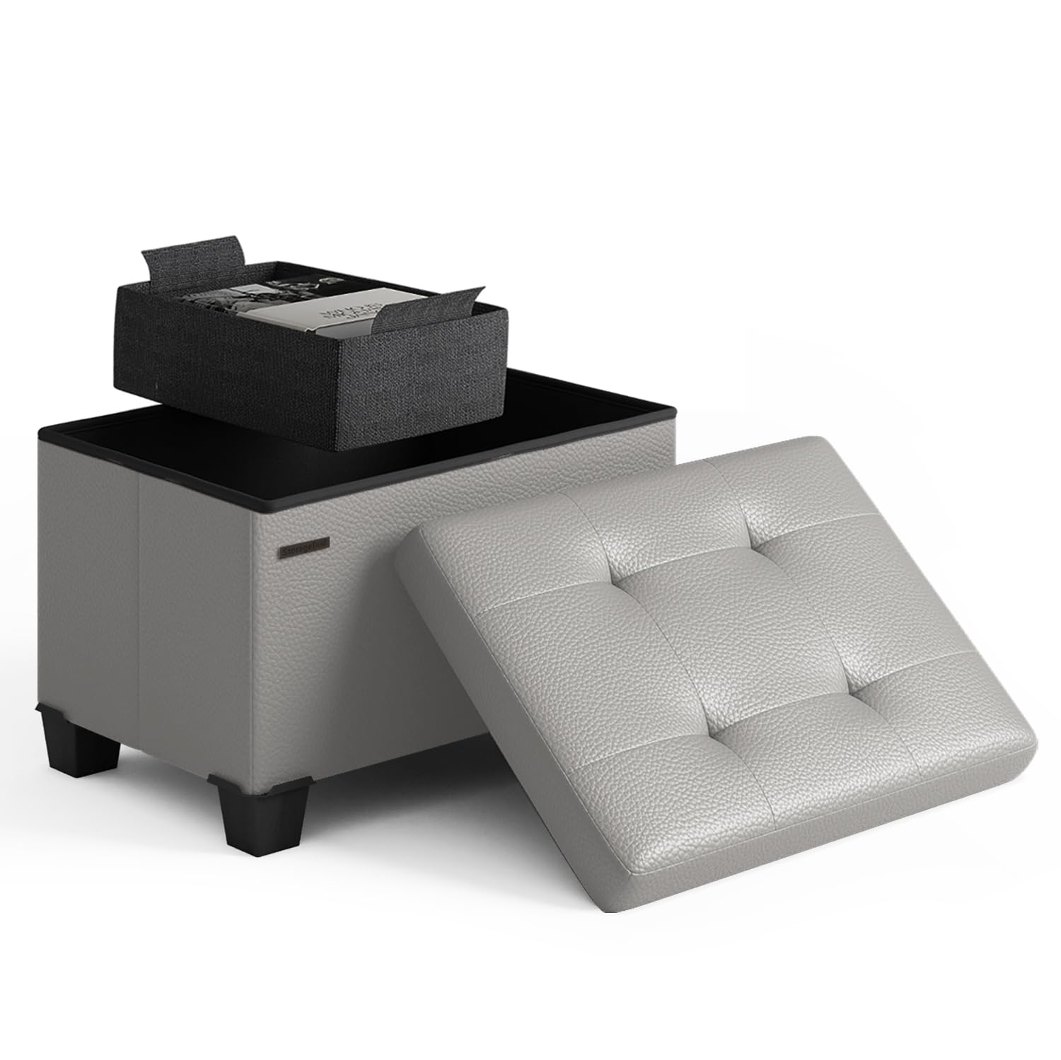 Storage Ottoman Cube with Small Bin, 16-in Square Ottoman with Storage for Living Room and Bedroom, Small Ottomans Foot Rest, Faux Leather Foot Stools Ottomans Max 330lbs, Light Grey