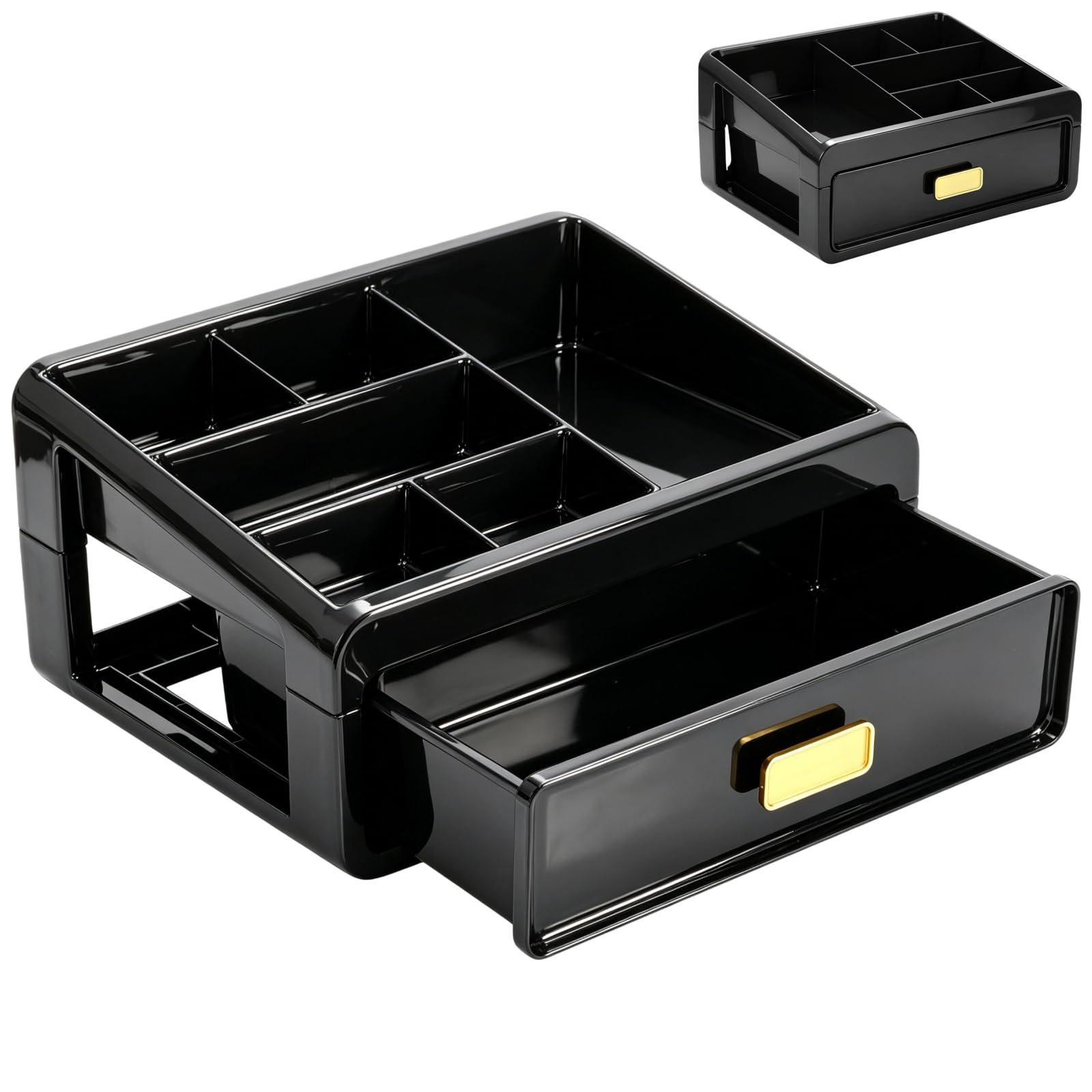 Soporte de colonia de plástico de 2 niveles con cajón y 6 compartimentos, soporte de perfume para hombres, organizador de escritorio multifuncional para tocador, entrada, baño, 11 x 7.9 x 5.4