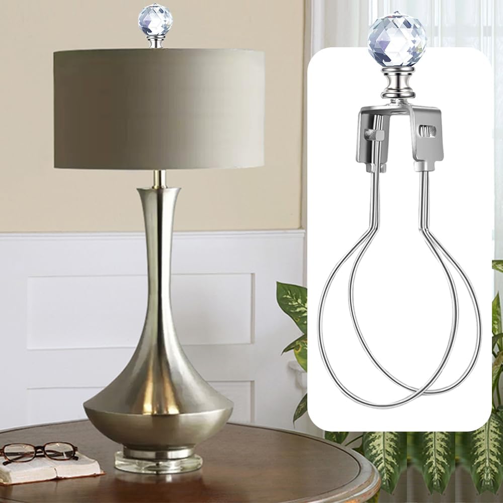 2Pcs Lamp Shade Light Bulb Clip Adapter Kit, Nickel Lampshade Holder Adapter with Crystals Top Finial, No Harp Required, Clip on Bulb, DIY Replacement Repair Table & Floor Light Metal Parts