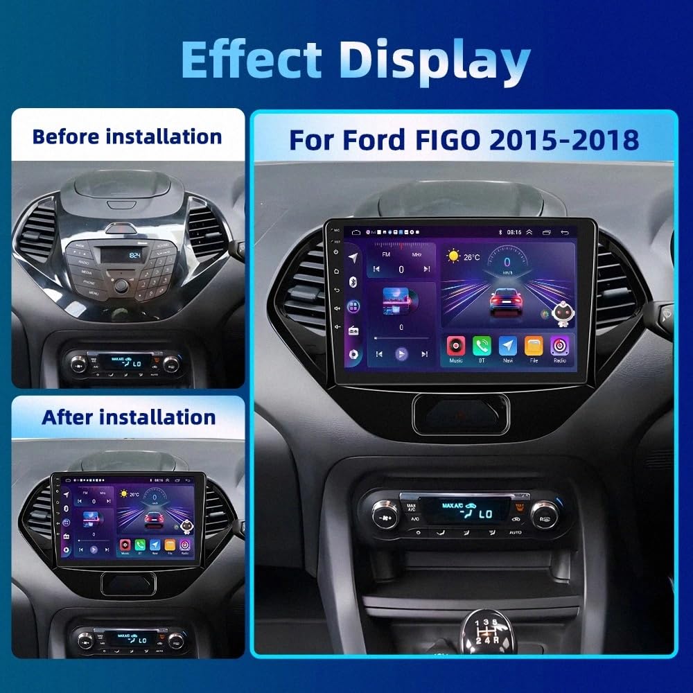 Wireless Autoradio Carplay 2 Din pour Ford FIGO KA 2015-2018 Poste Radio Bluetooth Main Libre, Écran Tactile, Navigation GPS, Contrôle Vocal, Aux, 4 Nuclear 2G+32G
