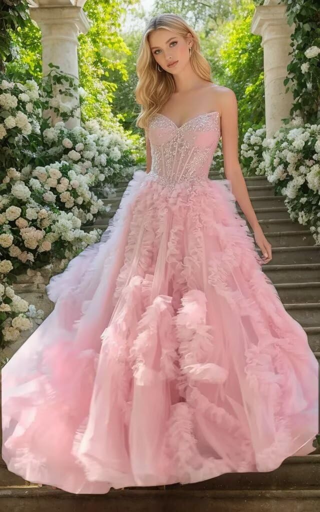 Puffy Layered Tulle Prom Dress Strapless Laces Ball Gown Sweetheart Formal Evening Party Dresses with Beaded