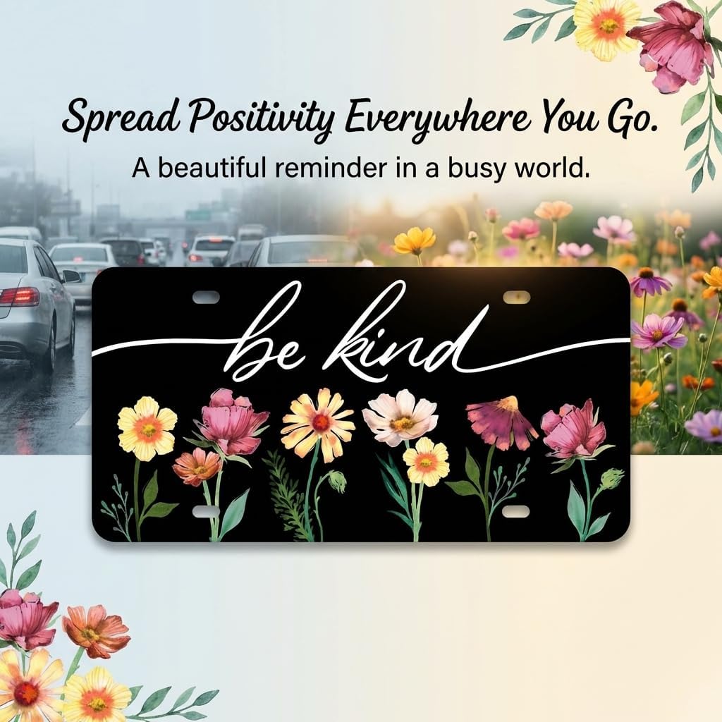 The Bridge Collection Be Kind Vanity Plate- Inspirational Car Decor | Standard License Plate Frame with Colorful Floral Design