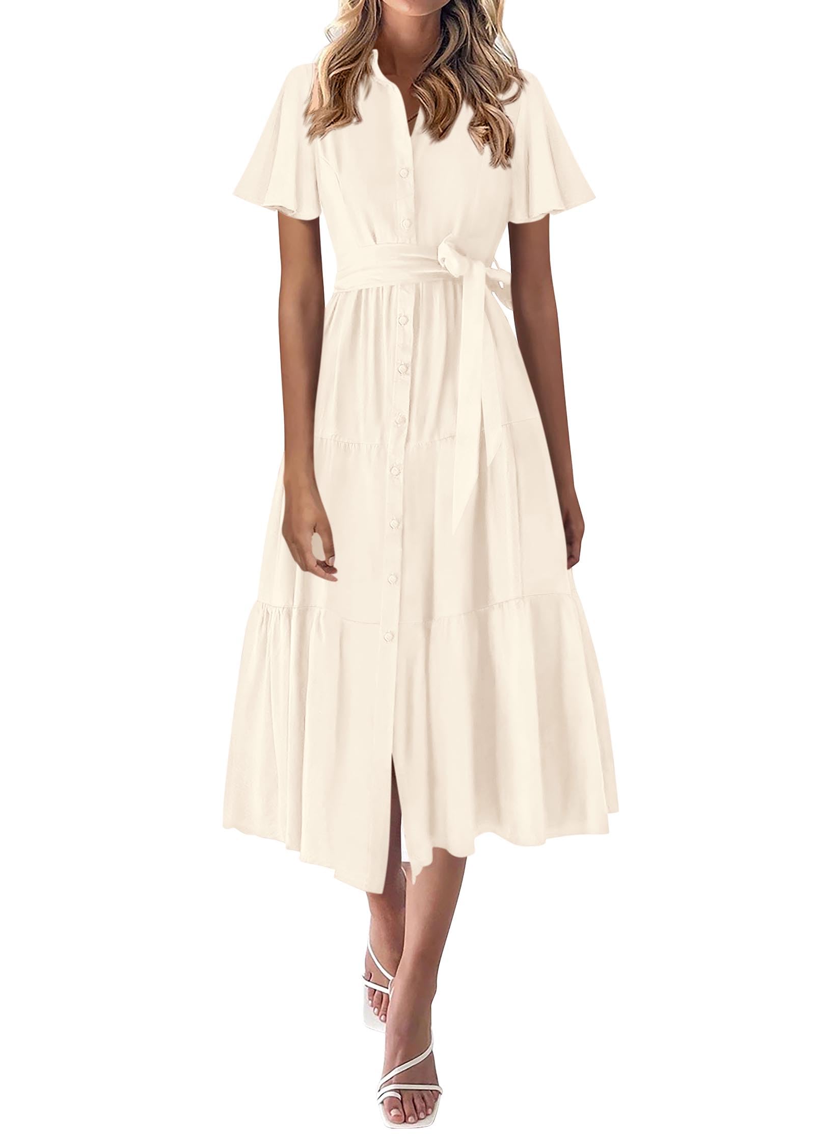 KIRUNDO Summer Button Down Wedding Guest Shirt Dresses for Women Maxi Flutter Short Sleeve Flowy Tiered Beach Sun Dress