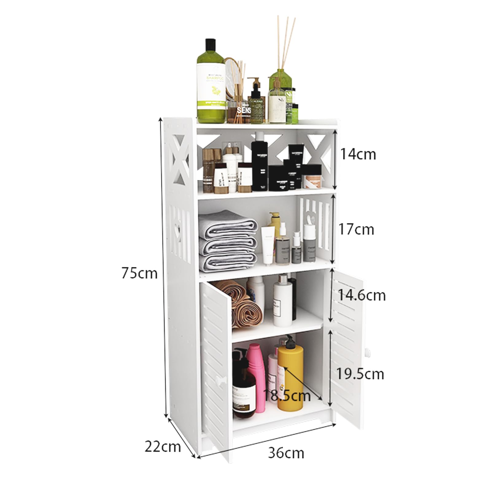 Mobiletto da bagno, armadietto salvaspazio, con cassetto, scomparto, piccoli spazi, con 2 sportelli e 2 scaffali, 75 x 22 x 36 cm
