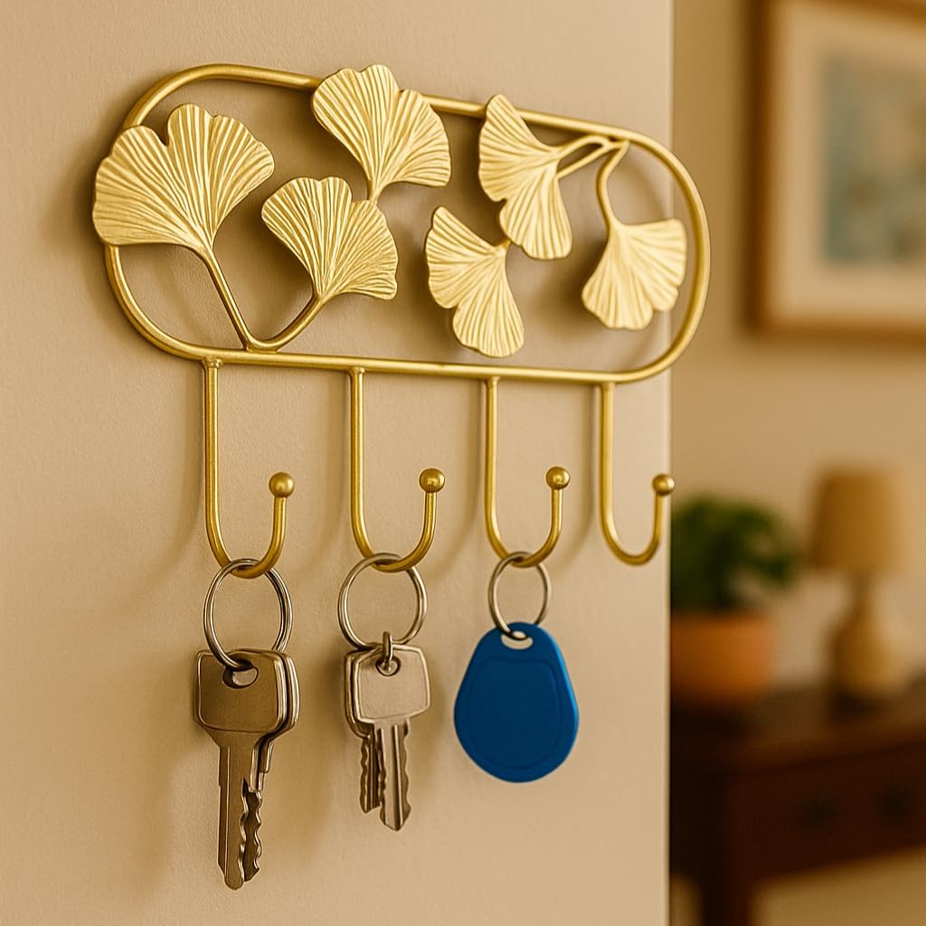 Gold Metal Leaf Design Wall Key Holder with 4 Hooks | Decorative Wall-Mounted Key Organizer for Home, Office & Entryway-image-4