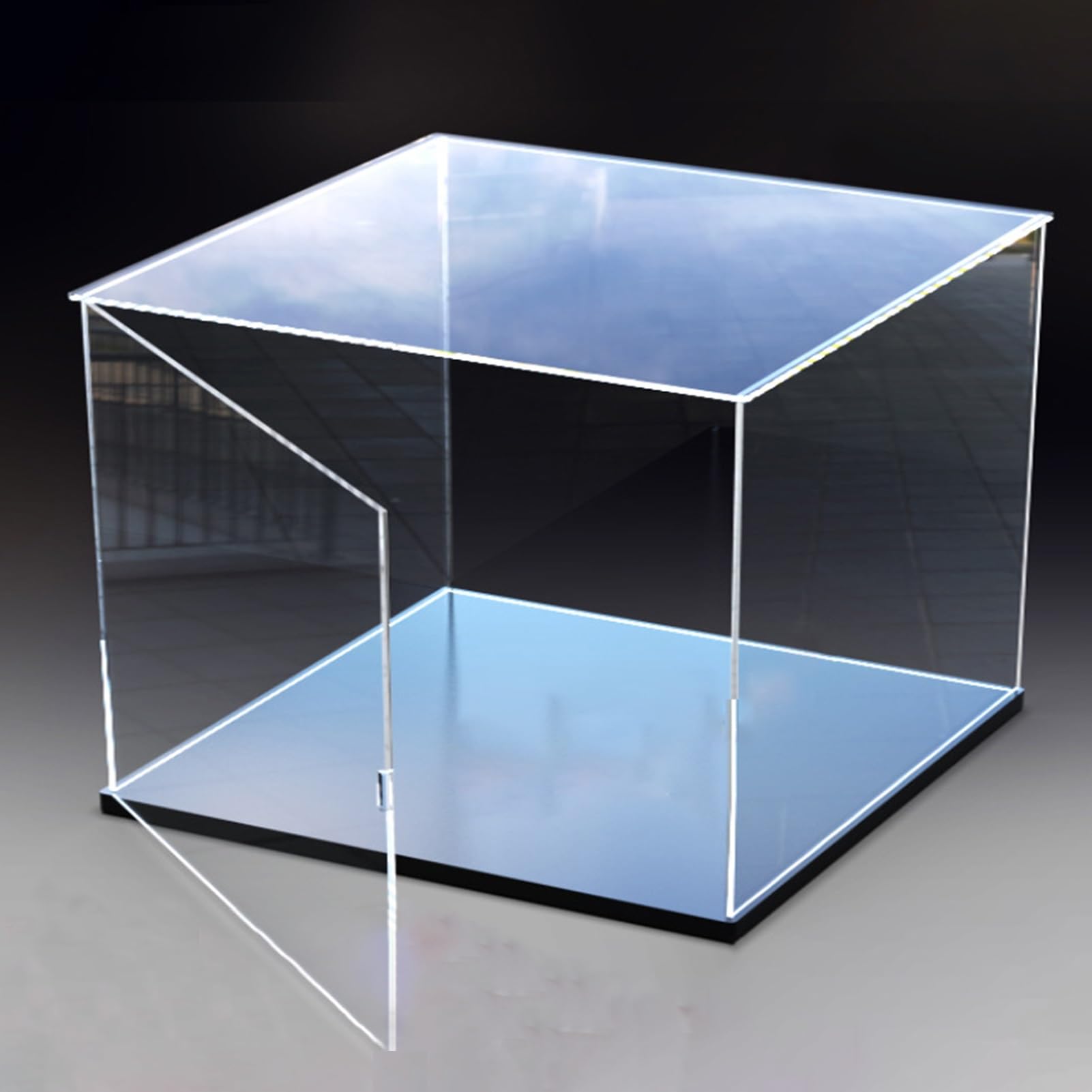 Teca Plexiglass Espositore in Acrilico con Anta, Lunghezza 10-50 cm, Vetrina in Plastica con Design a Specchio, Vetrina Rettangolare Impilabile per Souvenir(L35xW35xH35cm/14x14x14)
