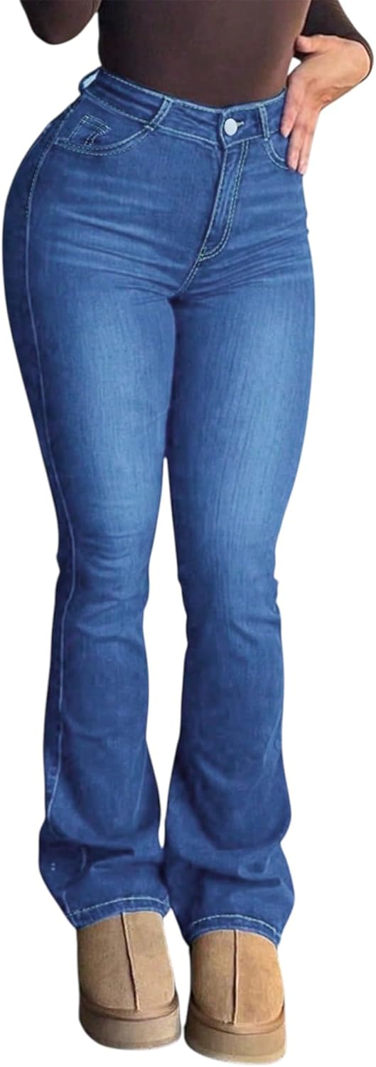 Womens Boot Cut Jeans Stretchy Solid Color Butt Lifting Denim Jeans Trendy Slim fit Retro Trousers Full Length