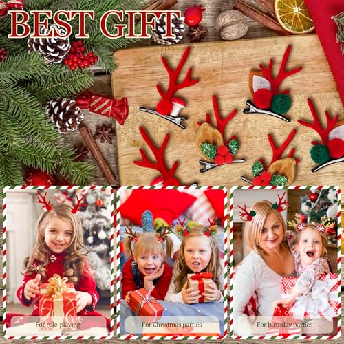Image of 8 Pairs Christmas Hair Clip, Reindeer Antlers Headband Hairpins Antlers Ears Hair Accessory Cute Hairpins Christmas Hair Accessorieswith Plush Ball, for Yule Party