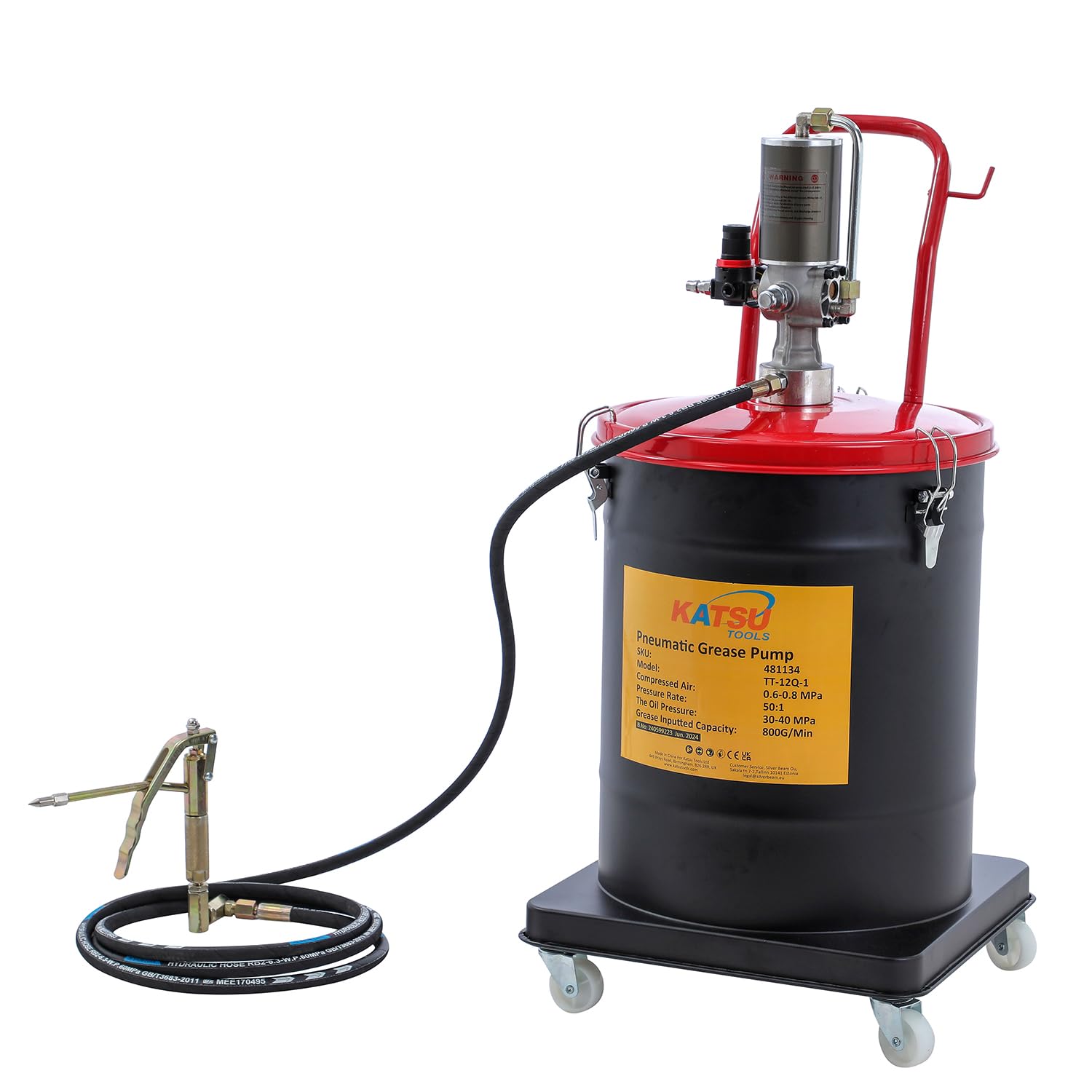 KATSU Tools Bomba de Grasa Neumática 40L Bomba de Engrase con Aire a Presión Dispensador de Pistola de Grasa de Aire Portátil con 12ft Manguera, 450 Bar, para Maquinaria de Automóviles y Camiones