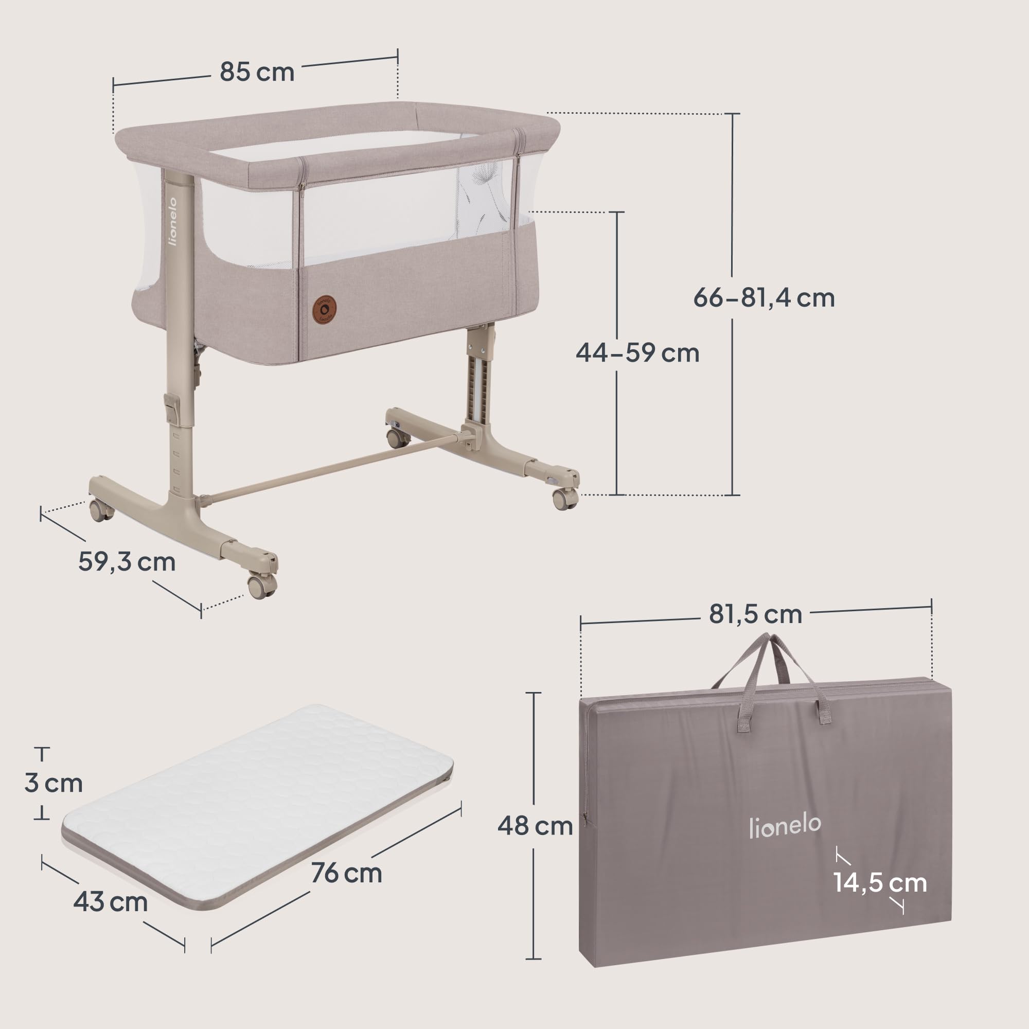 lionelo Aurora 3 en 1 Lit bébé jusqu'à 9 kg Cododo, Berceau Réglage de la Hauteur et de l’Inclinaison du Matelas 4 roulettes avec Freins Matelas Ergonomique Sac (Beige)