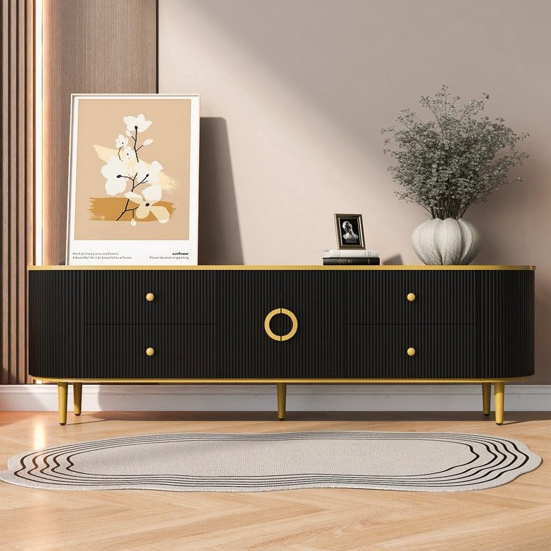 Heera Moti Daima TV Unit TV Stand Table for Living Room/Bedroom with 4 Drawers and 2 Openable Shutters, Golden Strip Detailing, Rounded Corners (Black, Medium)-image-30