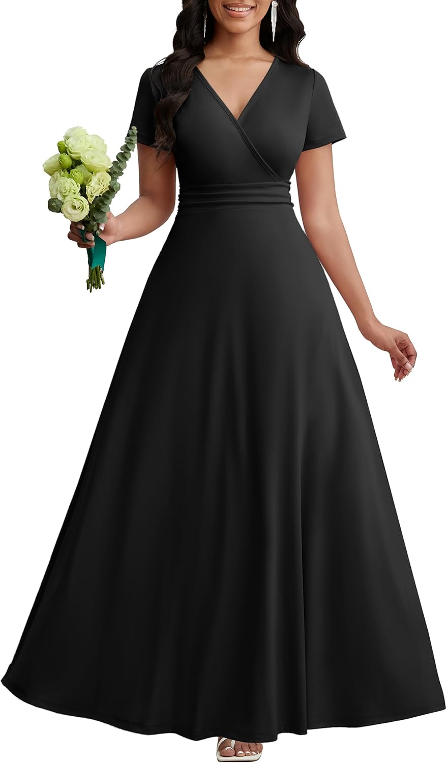 CLOCOR Maxi Dress for Women Long Formal Short Sleeve A Line V Neck Dresses Wedding Guest High Waist Elegant