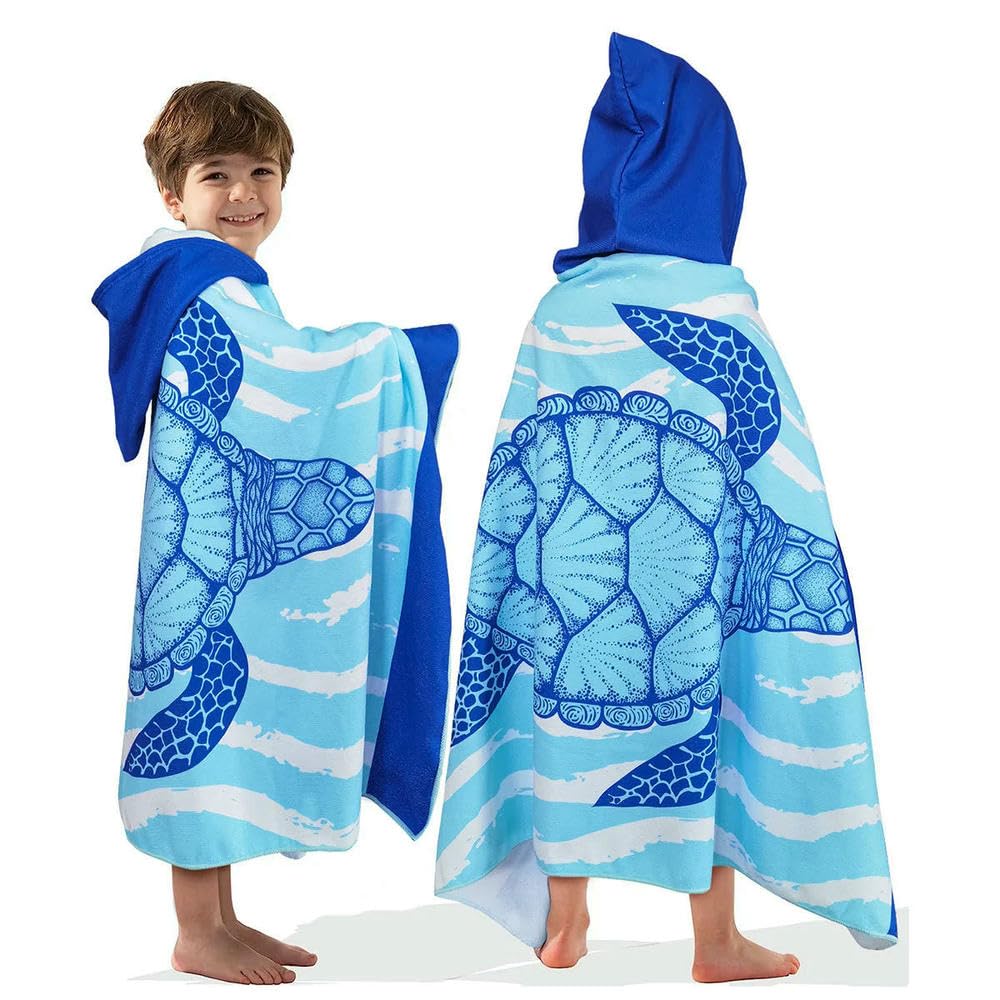 ZBDP Serviette de plage tortue de mer en microfibre douce à séchage rapide Grande cape de bain à capuche pour enfants filles Poncho Peignoir de bain Surf