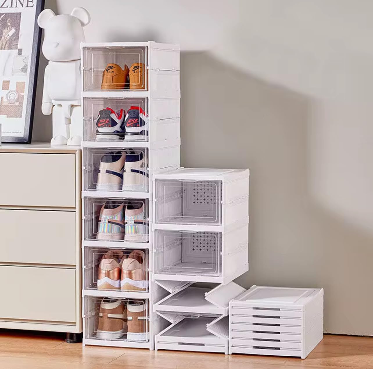 Scatole per scarpe trasparente - Organizer per scarpe in plastica, 6 scatole portaoggetti in plastica rigida trasparente, scarpiera impilabile con porta magnetica, organizer per scarpe armadio.