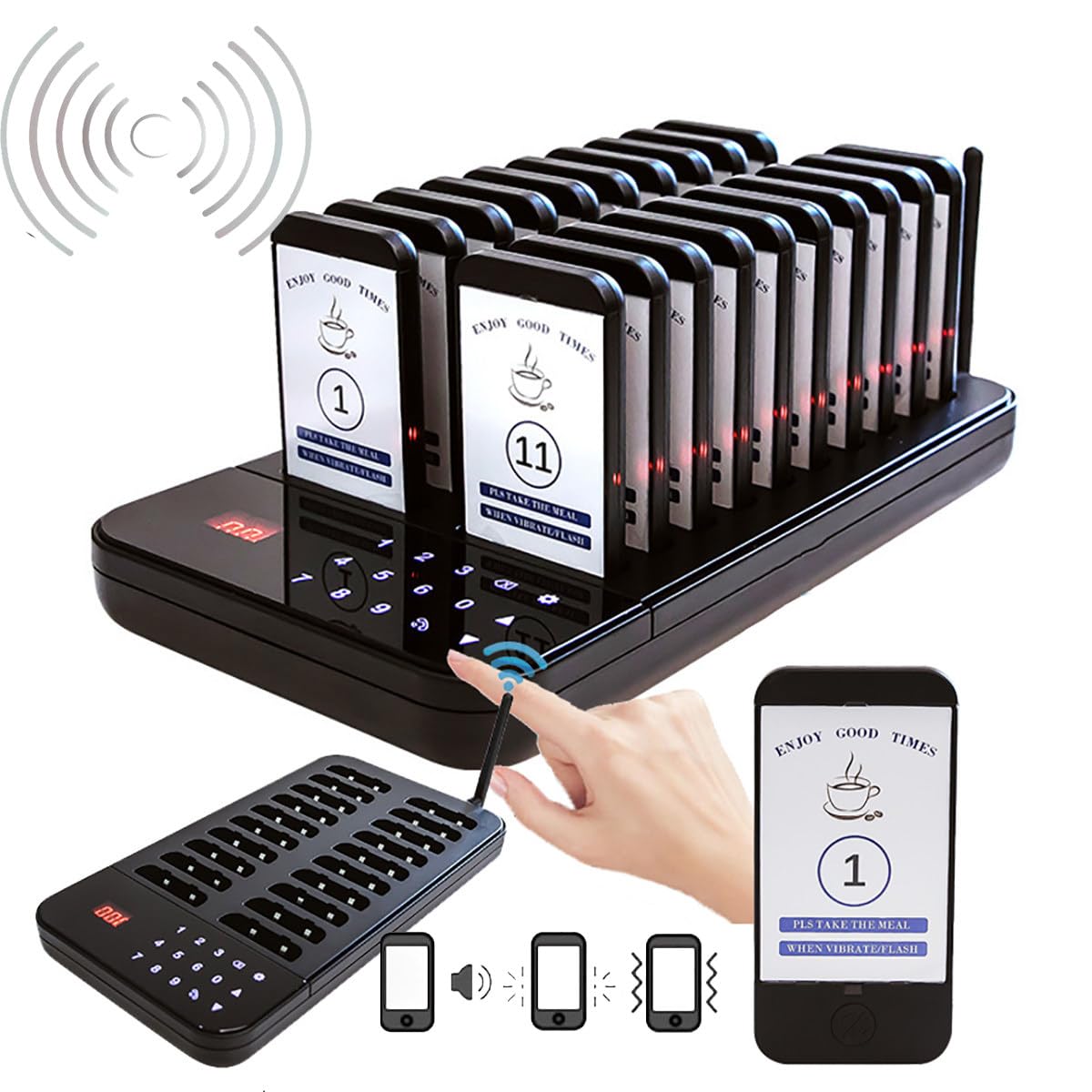 TéLéAvertisseur De Restaurant,Clavier D'Appel 998 Canaux + 20 TéLéAvertisseurs,3 Modes D'Appel (Bip/Flash/Vibration), 1-999S RéGlable,Pour Restaurant Bar HôTel Café Snack Aire De Restauration
