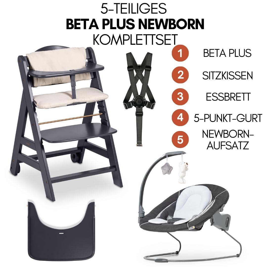 Hauck Beta+ Hochstuhl Newborn Set mit Deluxe Bouncer Dark Grey Mitwachsender Holz Kinderhochstuhl bis 90 kg