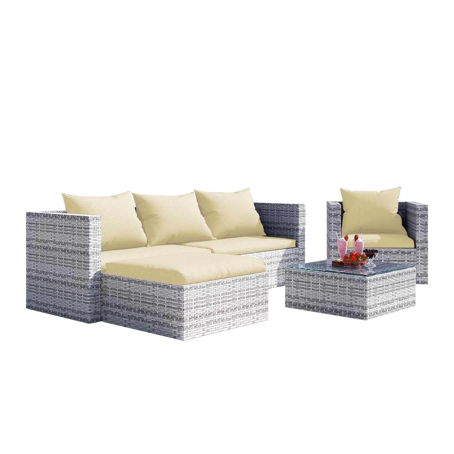 bigzziaOutdoor Rattan Patio Furniture Set With Sofa Armchair Stool And Table (5 Seats Garden Furniture set)