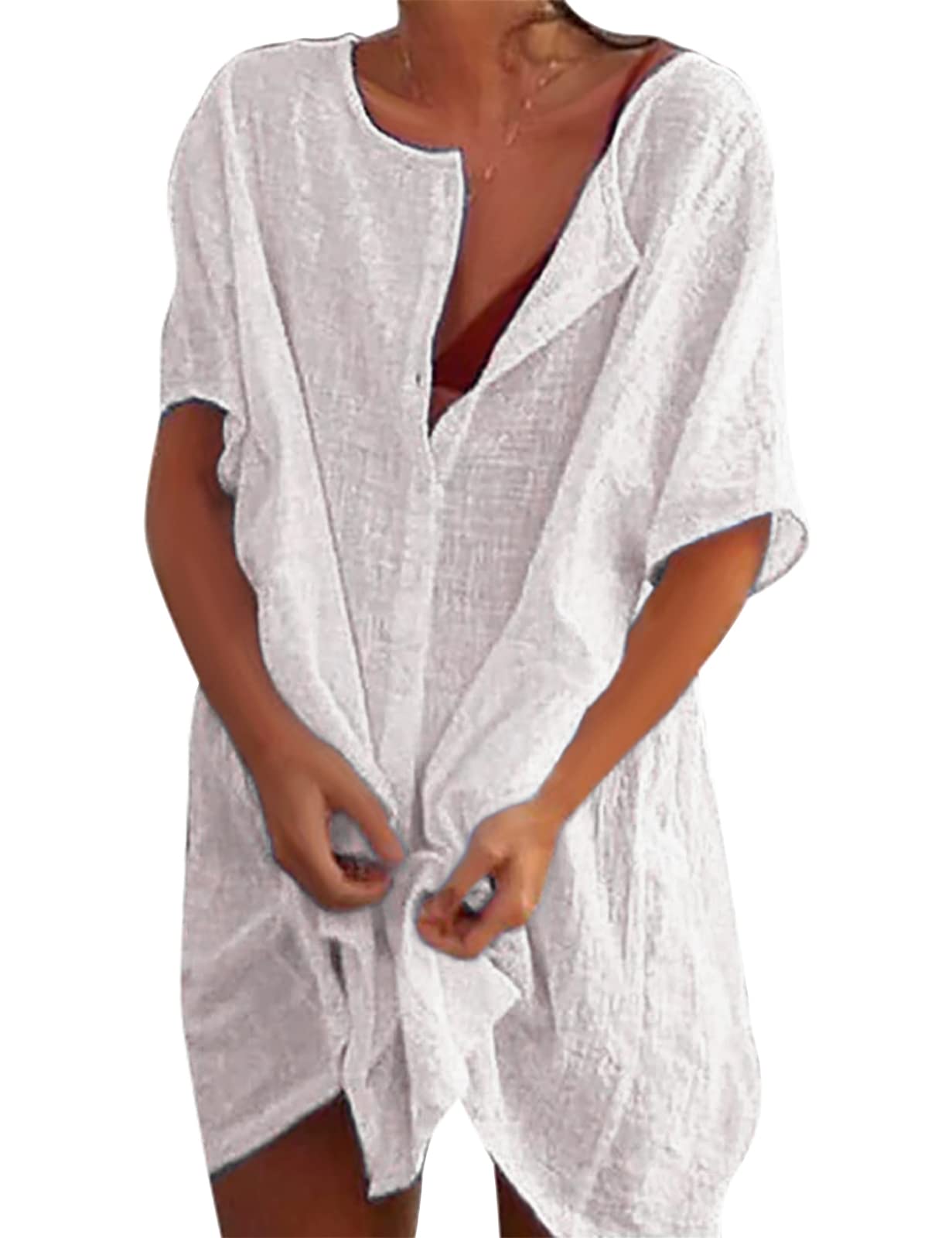 RITOSTA Camisas Mujer Largos Vestido Playa Verano Camisa Suelta de Bikini Cover Up Traje de Playa para Mujer Vestido de Playa Casual Blusa Camisolas Playeras Suelto Pareos Color Sólido