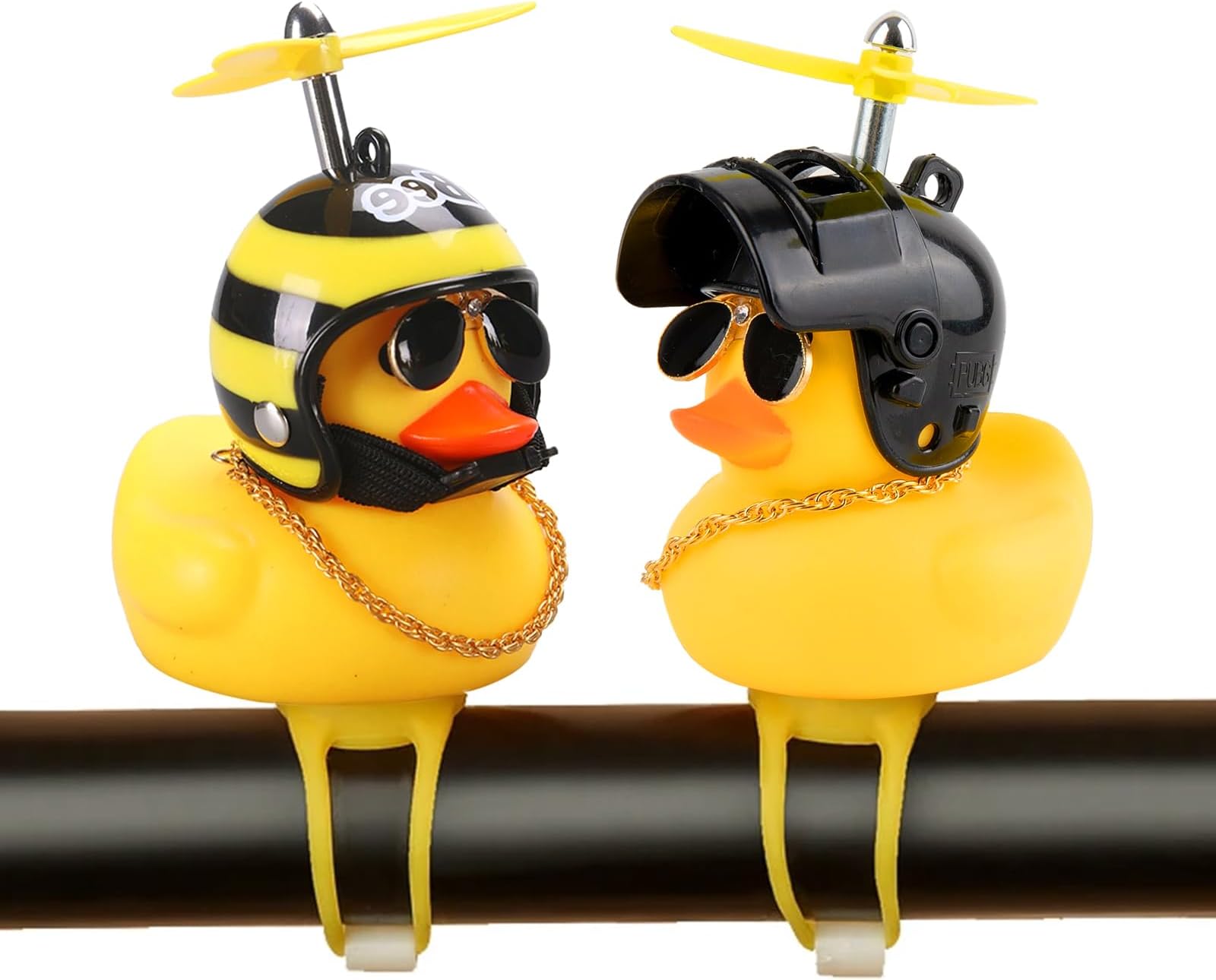 2 Pack Rubber Duck Car Ornaments, Yellow Duck Car Dashboard Decorations Squeeze Duck Bicycle Horns with Propeller Helmet,Bandage and Gold Chain