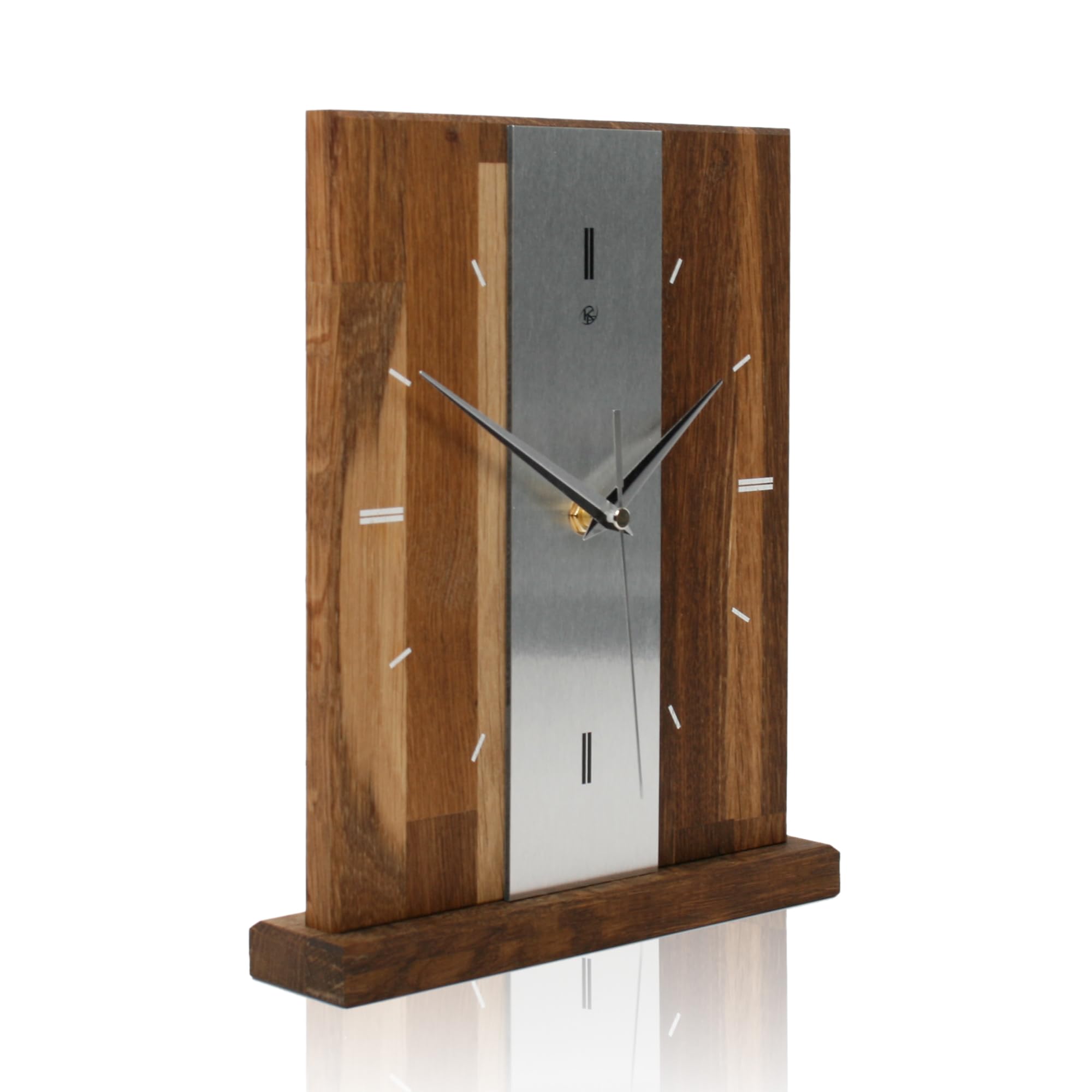 Kreative Feder Designer-STANDUHR Silver Stripe aus MASSIVHOLZ ca. 27x20cm – analoge TISCHUHR ohne Tickgeräusche (Eiche geräuchert, Funkuhrwerk)