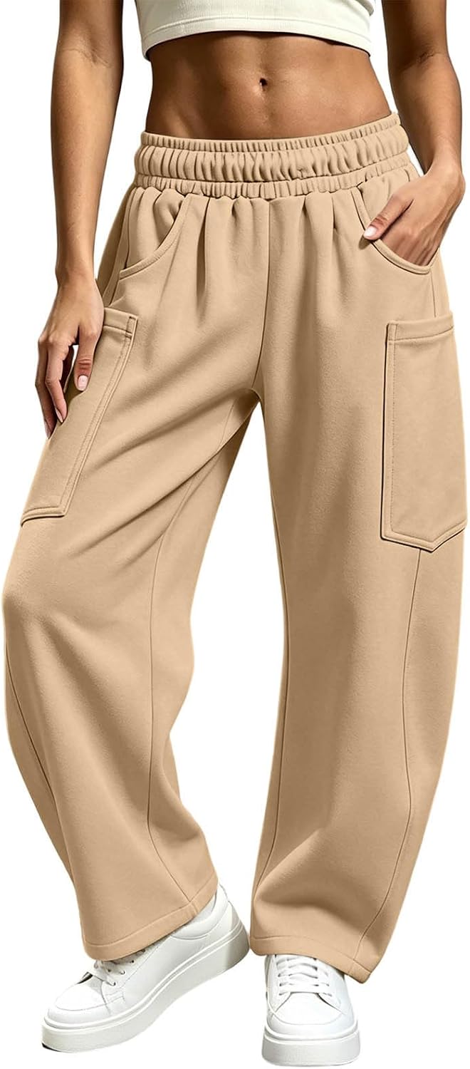 Women's Athletic High Waisted Wide Leg Sweatpants with Pockets | Casual Loose Cargo Pants Baggy Y2K Workout Sweat Pant Fall Winter Fleece Lined Track Pant