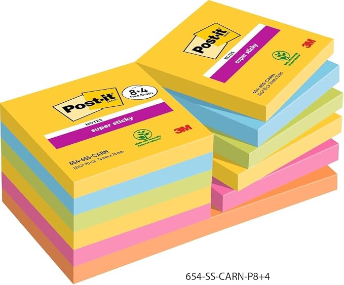 Post-it Notas Super Sticky Colección Carnival - Paquete de 12 Blocs, 90…
