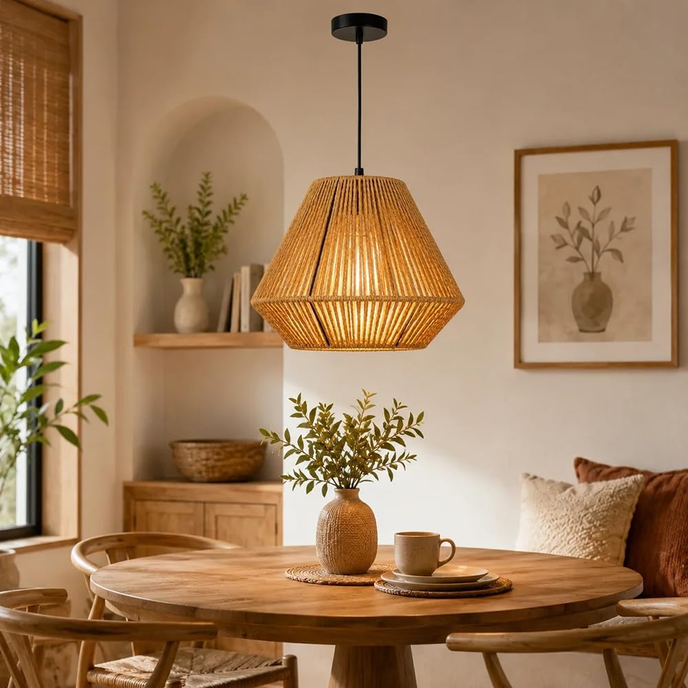 Lámpara Colgante De Ratán Estilo Granja, Lámpara Colgante Rústica De Cuerda De Papel De 23,9 Cm Con Pantalla De Mimbre Tejida A Mano, Lámpara De Techo De Altura Ajustable Para Isla De Cocina