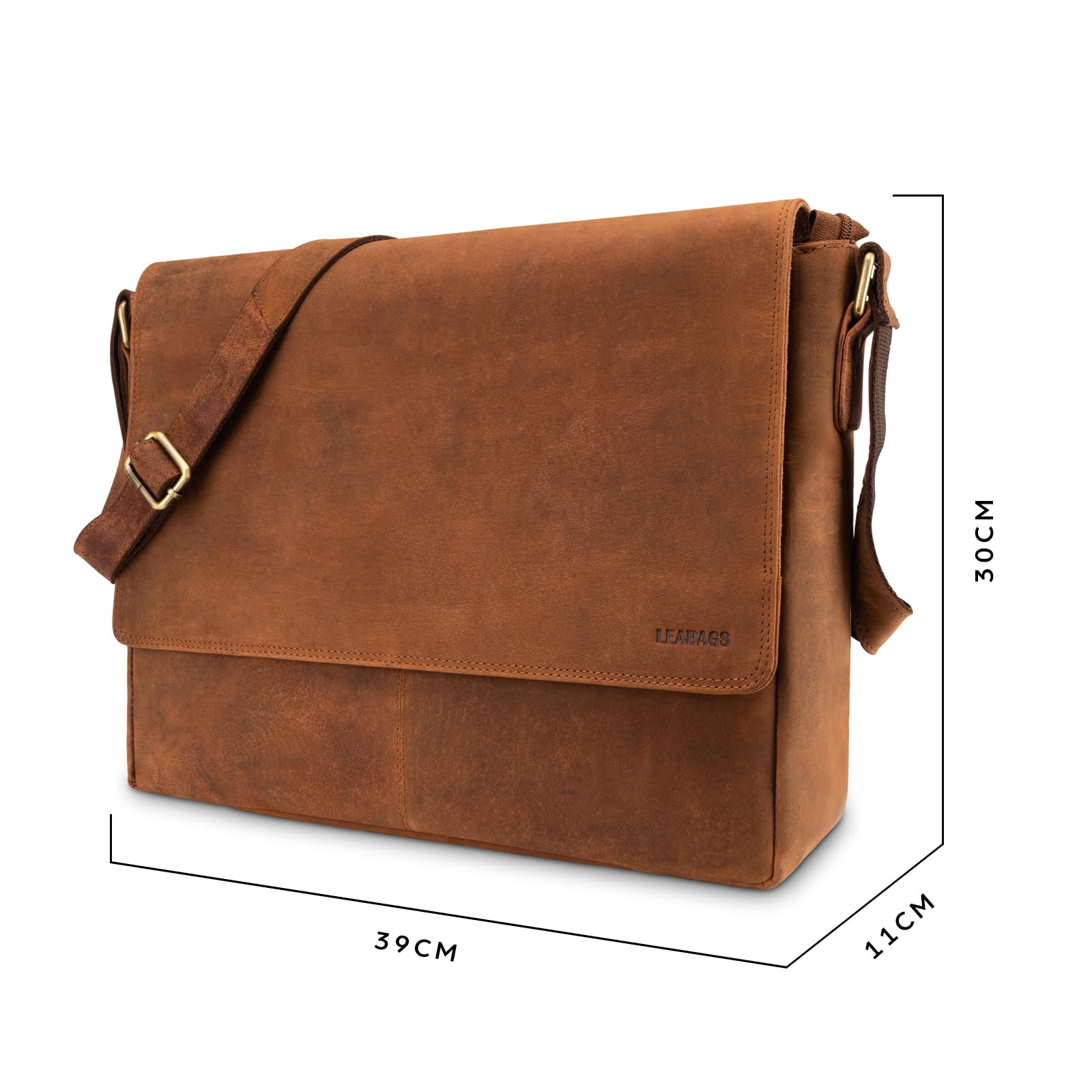 LEABAGS Bolso para Hombres y Mujeres | Bolsa de Portátil 15" | Cuero Genuino | Bolso Bandolera con Correa para el Hombro | Bolsa Mensajera | Bolsa de Trabajo | Bolsa de Maestro
