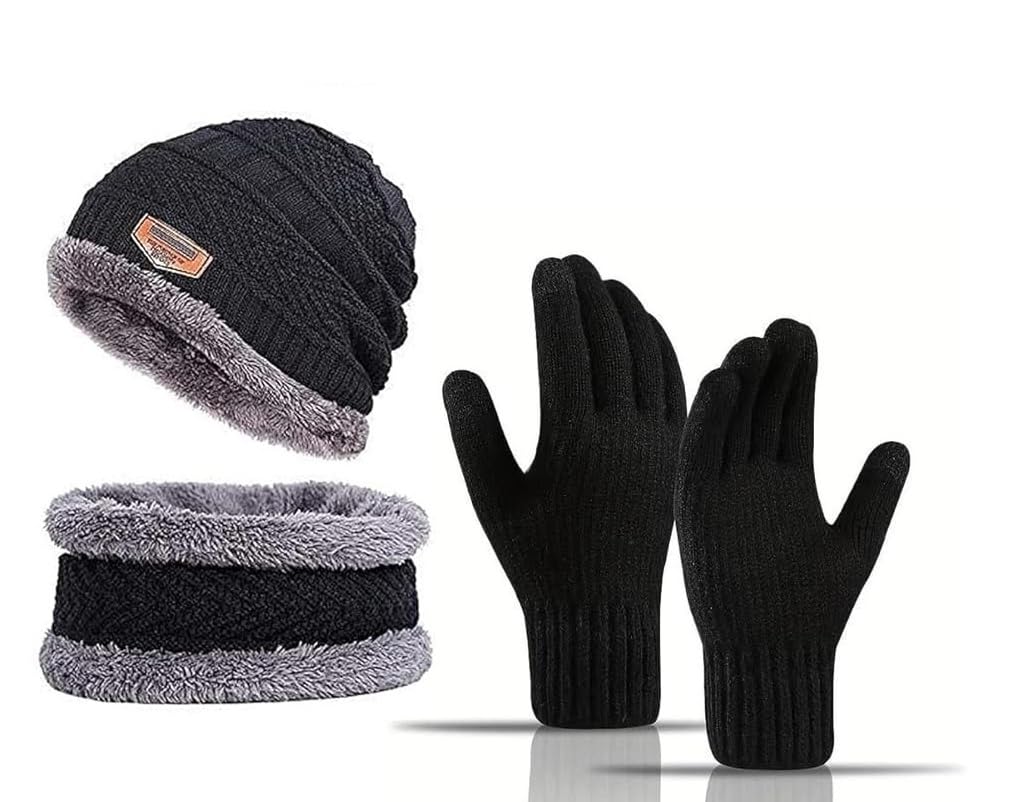 nrd fashions Knitted Warmer Winter Set with Beanie and Gloves, For Men & Women. BLACK-picture-20