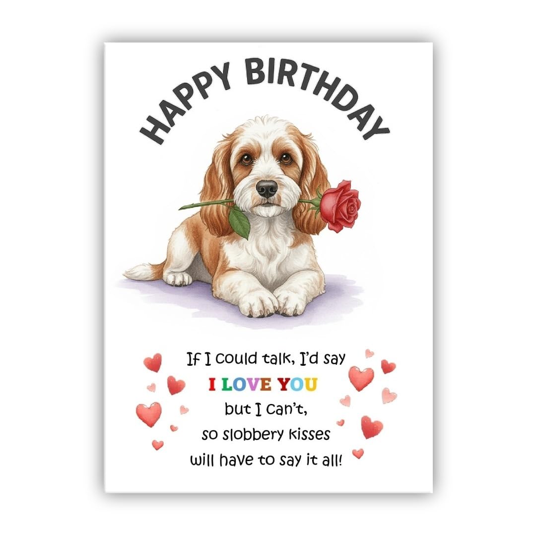 Dog Birthday Card – Cute Puppy with Rose – Birthday Card from the dog to the owner, Mum, Dad, Mummy, Daddy, Mother, Father (• Spaniel Poodle Mix)