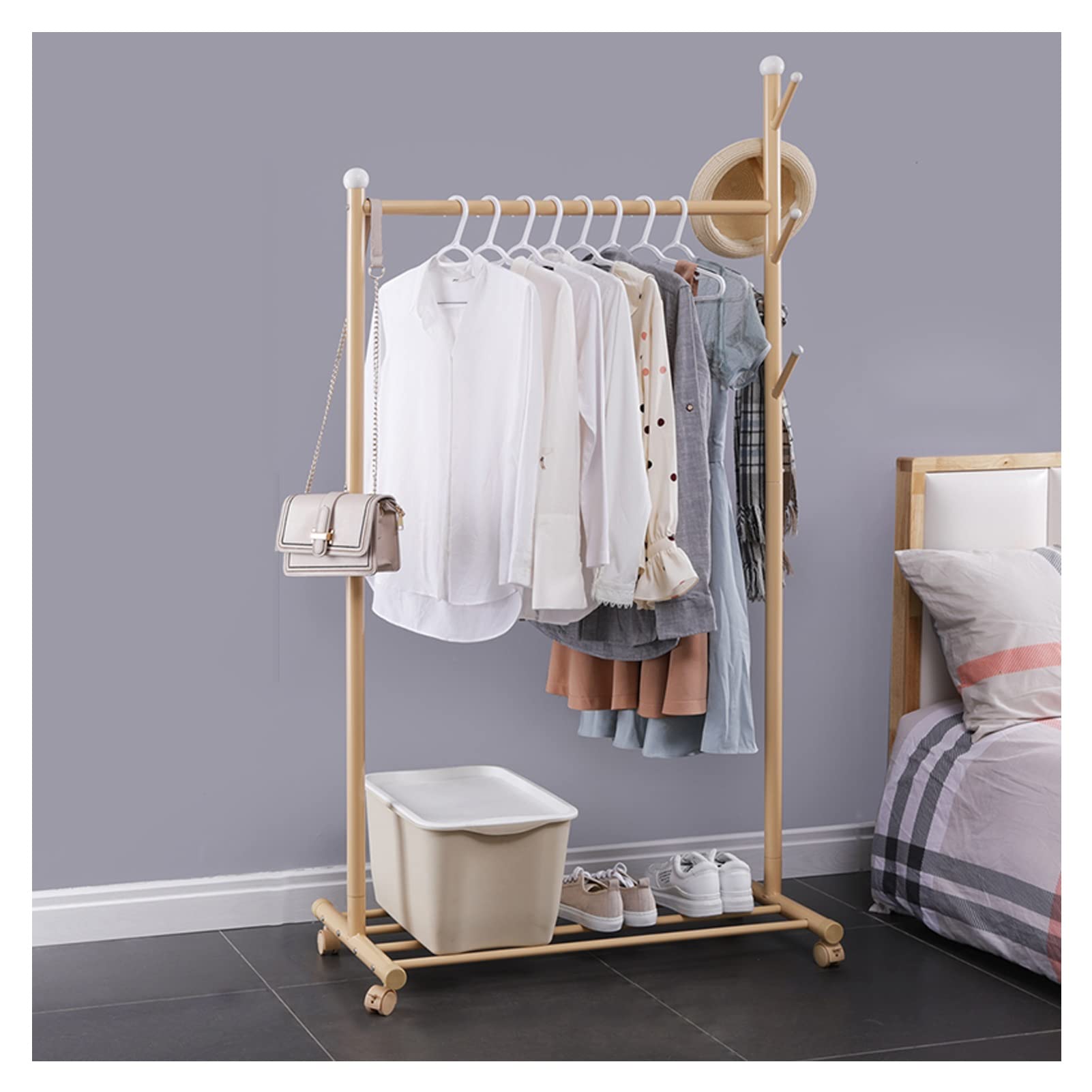 HOMCOM Albero Appendiabiti a 8 Ganci con Base Rotonda, Appendiabiti da Terra in Bambù, Legno e Metallo, 37.8x175.6 cm, color Legno e Bianco