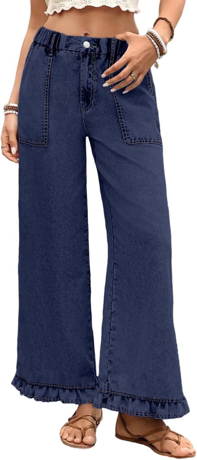 Astylish Wide Leg Jeans for Women Stretch High Wasited Baggy Trendy Denim Jean Ruffle Hem Pants