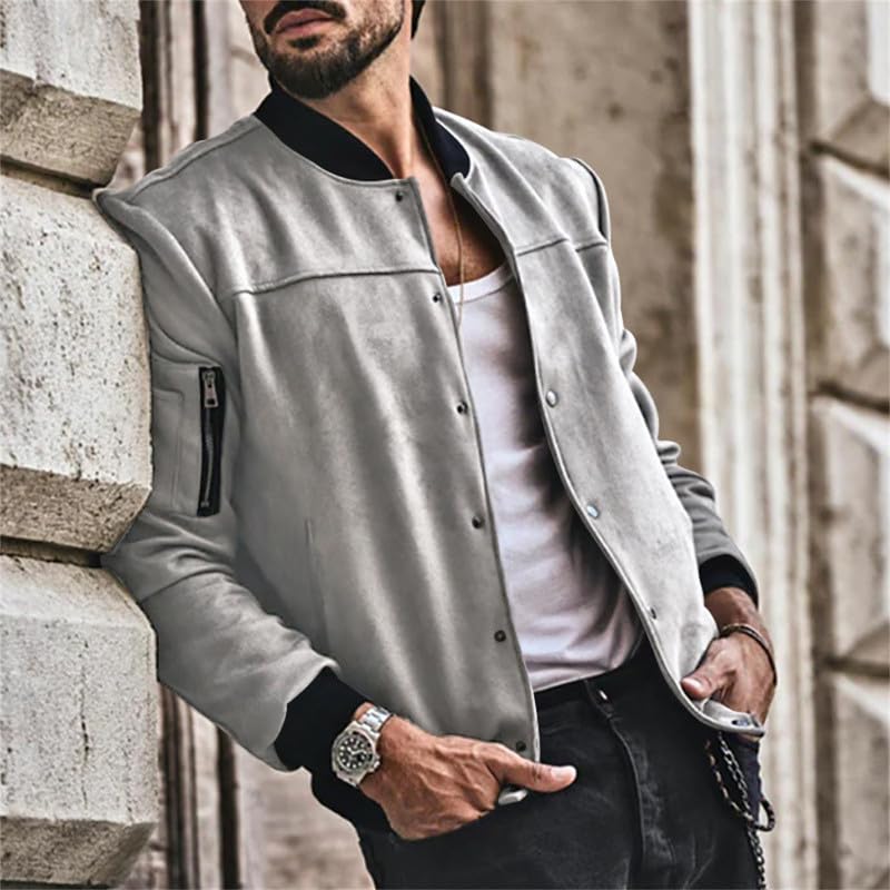 Image of Mens Faux Suede Bomber Jacket Varsity Jacket Windbreaker Vintage Casual Lightweight Leather Coats Jackets