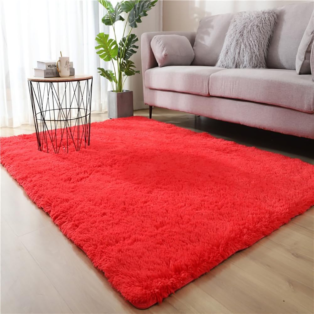 High Density Rabbit Fur-Like Area Rug Non Shedding 4CM Thick Soft Polyester Carpet with Non Slip Bottom Minimalist Versatile Floor Rug for Living Room Bedroom (Bright Red, 2.62 * 5.25ft)