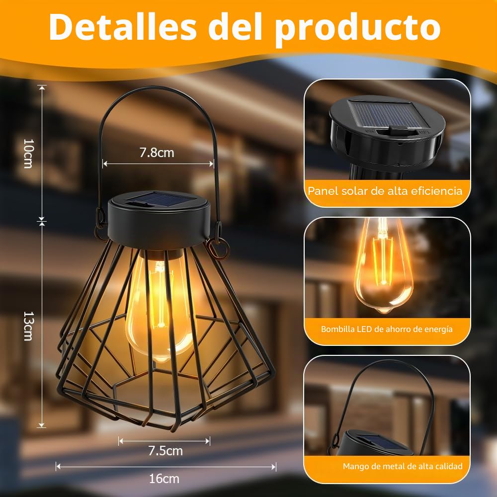 2 Piezas Farolillos Solares Exterior Colgante/De Pie, Farolas Solares Exterior de Metal, IP65 Impermeable Lampara Solar Exterior, Decorativa Lamparas Solares Exterior para Jardin,Balcón,Terraza,Porch