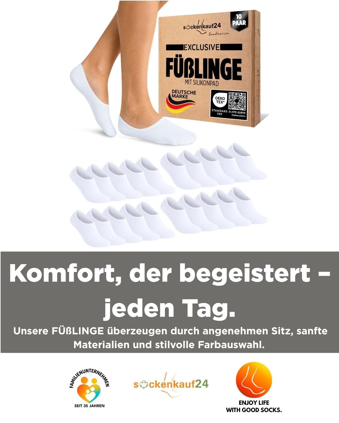 sockenkauf24 10 Paar Füßlinge für Damen & Herren - Unsichtbare Sneaker Socken aus atmungsaktiver gekämmter Baumwolle mit Silikonpad gegen Verrutschen