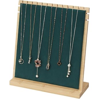 Bamboo Necklace Stand Wooden Jewelry Holder Chain Jewelry Rack Organizer Table Display Boards for Home or Business Sales ShowDark Green Velvet