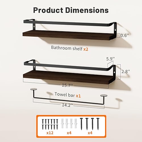 Miniatura 3 de Estantes de baño con toallero, estantes flotantes para baño, cocina, dormitorio, madera de Paulownia, marco de metal negro mate, juego de 2 (marrón