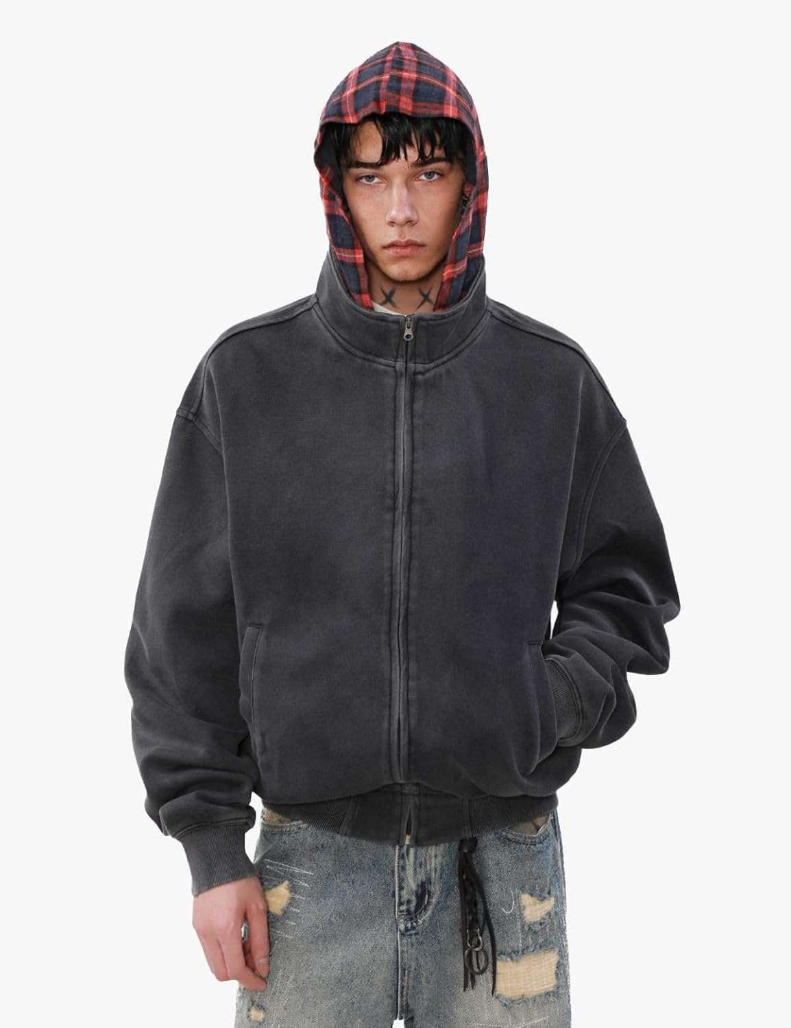 Men's Heavyweight Cropped Jacket with Plaid Lined Hood, Unisex Boxy Pullover Sweatshirt for Men Women - Image 2