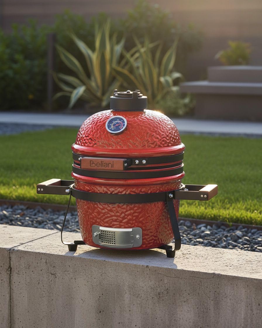 Ogrodowy mini grill węglowy ceramiczny przenośny z pokrywą termometerem rusztem czerwony Kamado