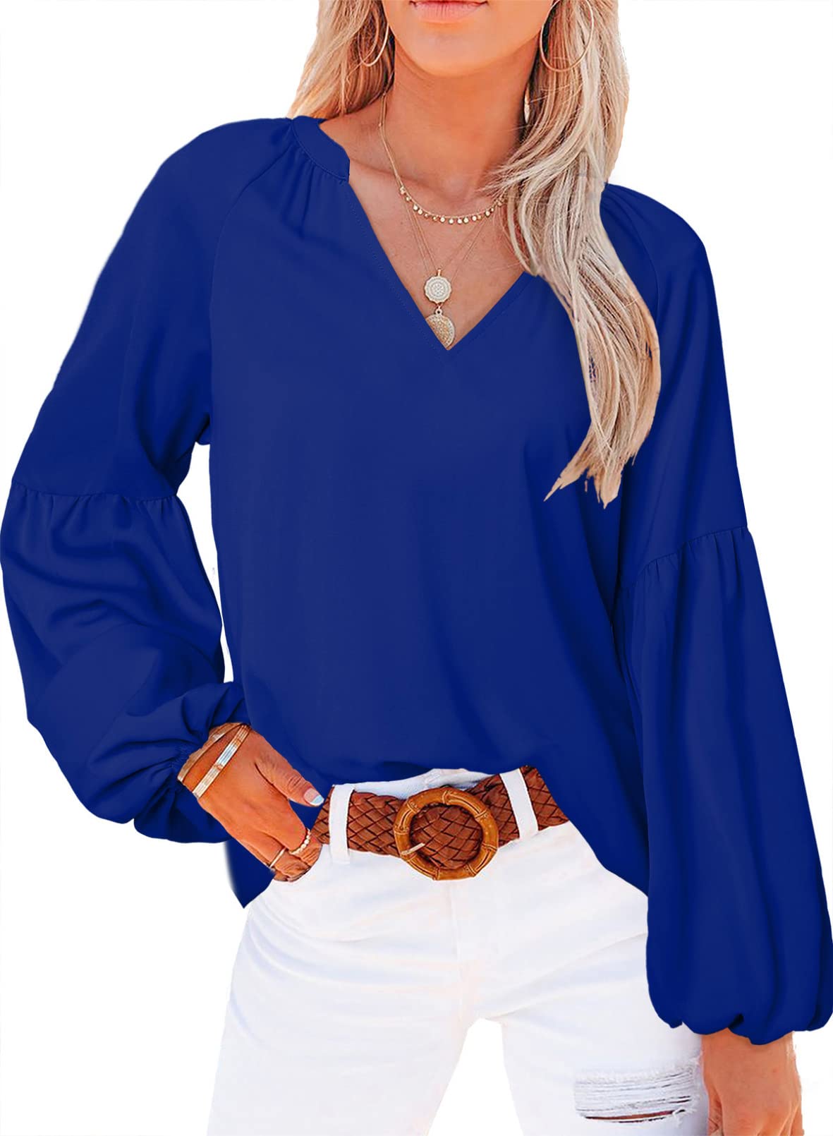 SHEWIN Womens Casual Spring Summer V Neck Long Sleeve Chiffon Blouses Shirts Loose Fall Flowy Tunic Tops for Women 2023,US 8-10(M),Deep Blue